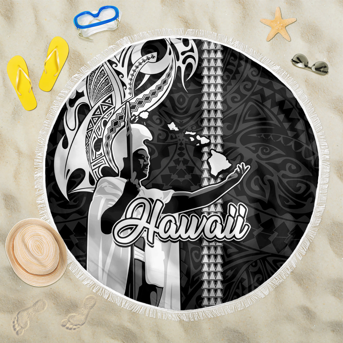 Hawaii Molokai Island Beach Blanket Hawaiian King and Kakau Symbols Abstract Shoulder Tattoo LT03 One Size 150cm Black - Wonder Print Shop