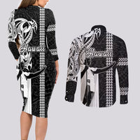 Hawaii Molokai Island Couples Matching Long Sleeve Bodycon Dress and Long Sleeve Button Shirts Hawaiian King and Kakau Symbols Abstract Shoulder Tattoo LT03 - Polynesian Pride