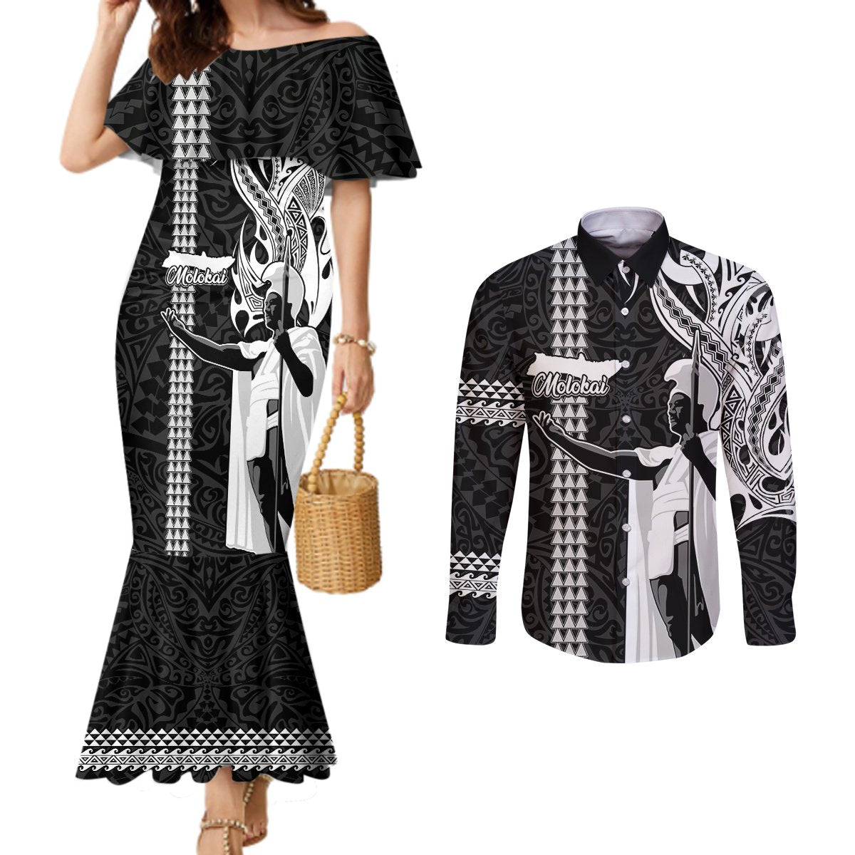 Hawaii Molokai Island Couples Matching Mermaid Dress and Long Sleeve Button Shirts Hawaiian King and Kakau Symbols Abstract Shoulder Tattoo LT03 Black - Polynesian Pride