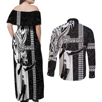 Hawaii Molokai Island Couples Matching Off Shoulder Maxi Dress and Long Sleeve Button Shirts Hawaiian King and Kakau Symbols Abstract Shoulder Tattoo LT03 - Polynesian Pride