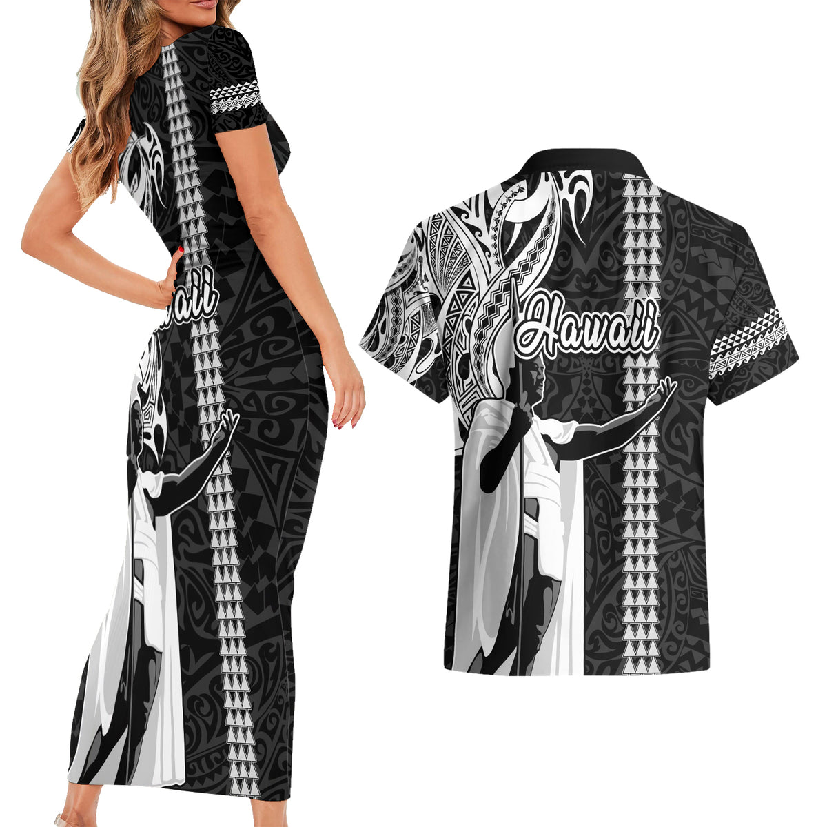 Hawaii Molokai Island Couples Matching Short Sleeve Bodycon Dress and Hawaiian Shirt Hawaiian King and Kakau Symbols Abstract Shoulder Tattoo LT03 - Polynesian Pride