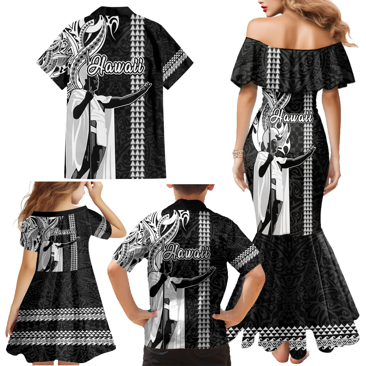 Hawaii Molokai Island Family Matching Mermaid Dress and Hawaiian Shirt Hawaiian King and Kakau Symbols Abstract Shoulder Tattoo LT03 - Polynesian Pride