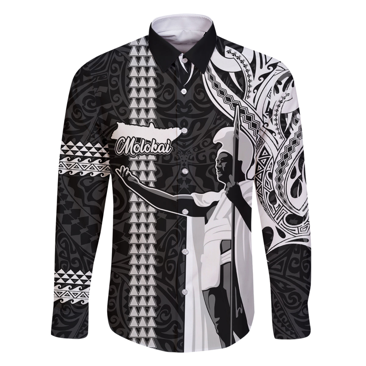 Hawaii Molokai Island Family Matching Mermaid Dress and Hawaiian Shirt Hawaiian King and Kakau Symbols Abstract Shoulder Tattoo LT03 Dad's Shirt - Long Sleeve Black - Polynesian Pride