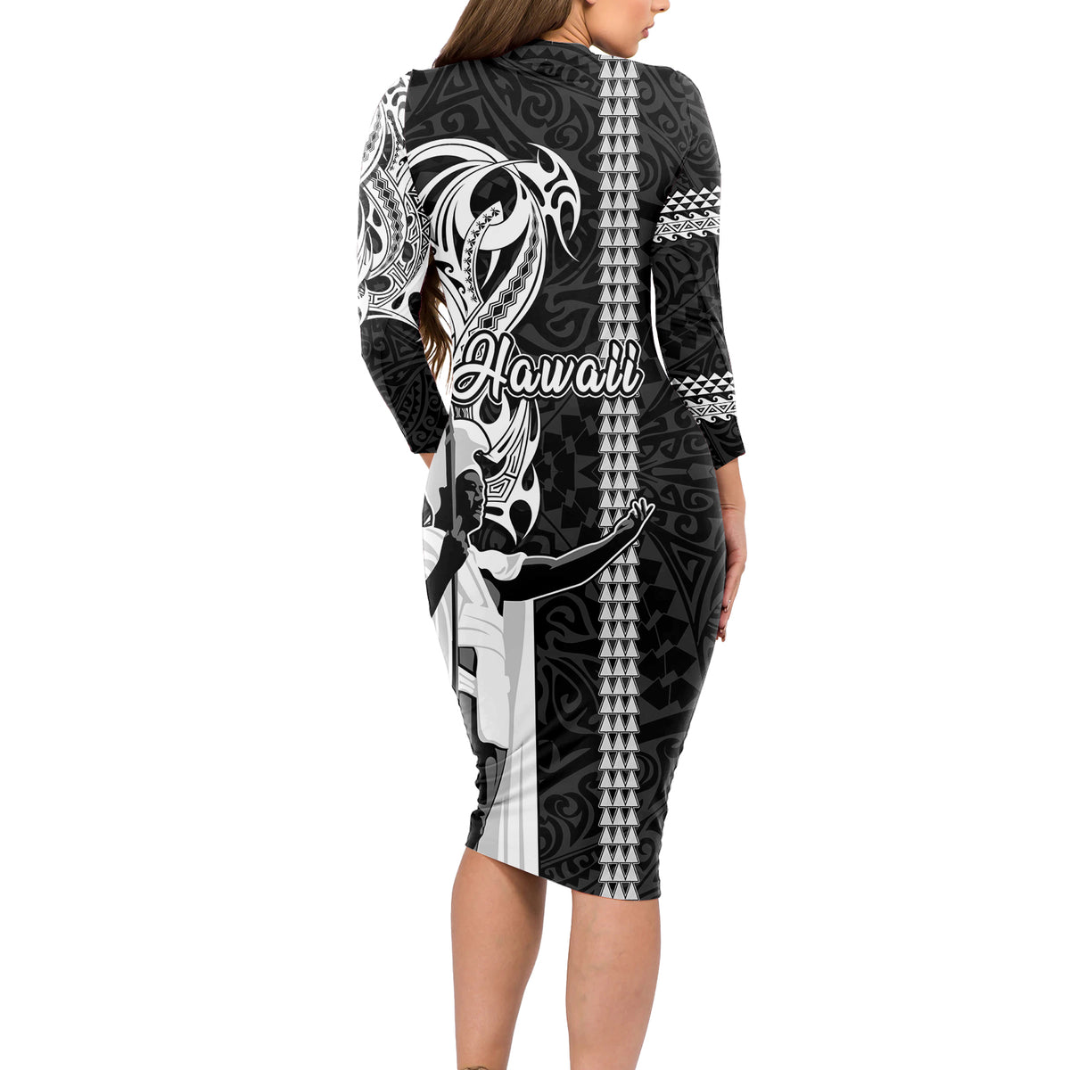 Hawaii Molokai Island Long Sleeve Bodycon Dress Hawaiian King and Kakau Symbols Abstract Shoulder Tattoo LT03 - Polynesian Pride