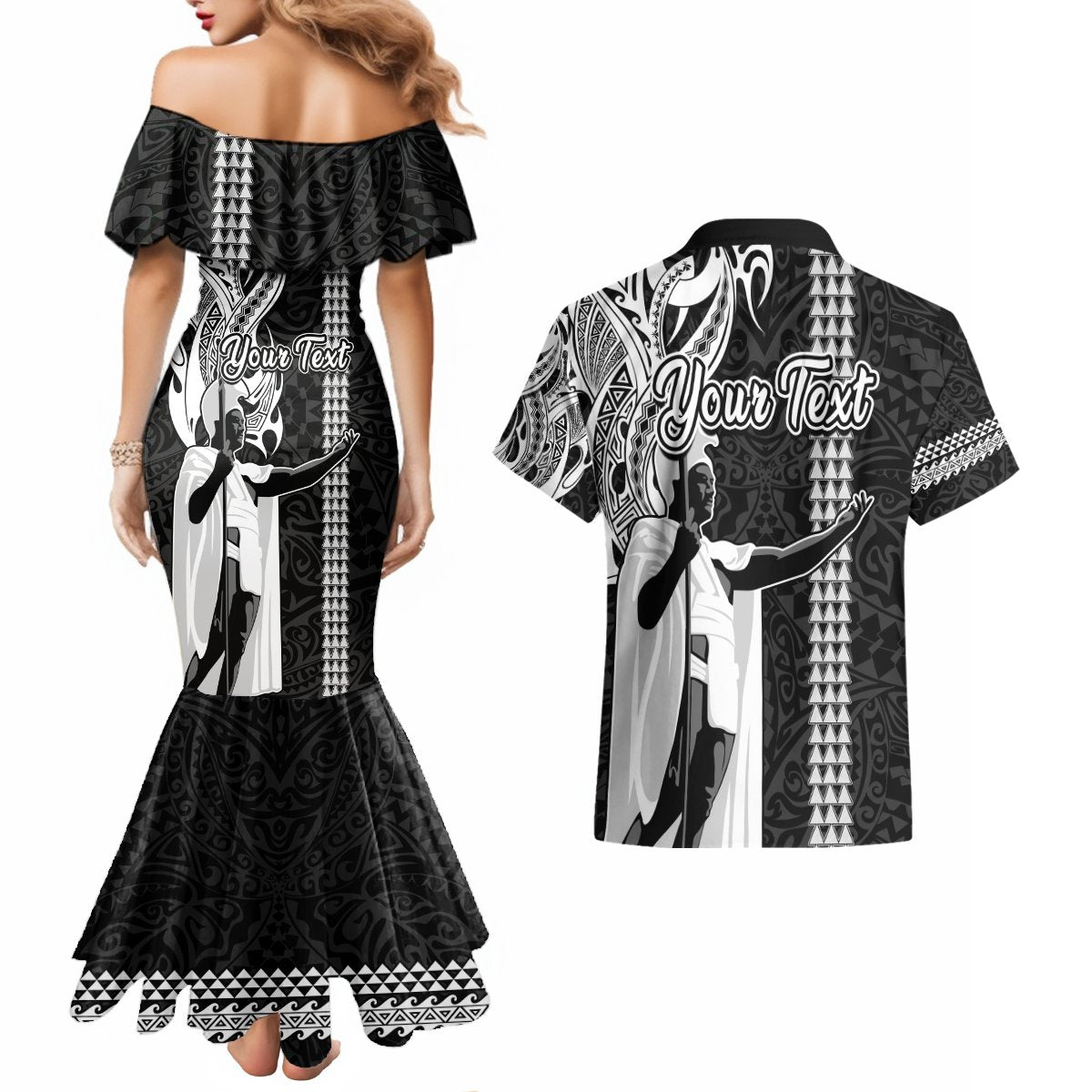 Custom Hawaii Molokai Island Couples Matching Mermaid Dress and Hawaiian Shirt Hawaiian King and Kakau Symbols Abstract Shoulder Tattoo LT03 - Polynesian Pride