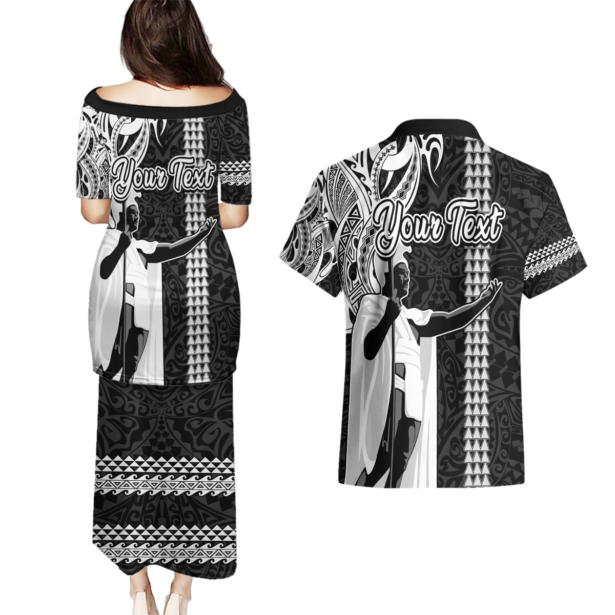 Custom Hawaii Molokai Island Couples Matching Puletasi Dress and Hawaiian Shirt Hawaiian King and Kakau Symbols Abstract Shoulder Tattoo LT03 - Polynesian Pride