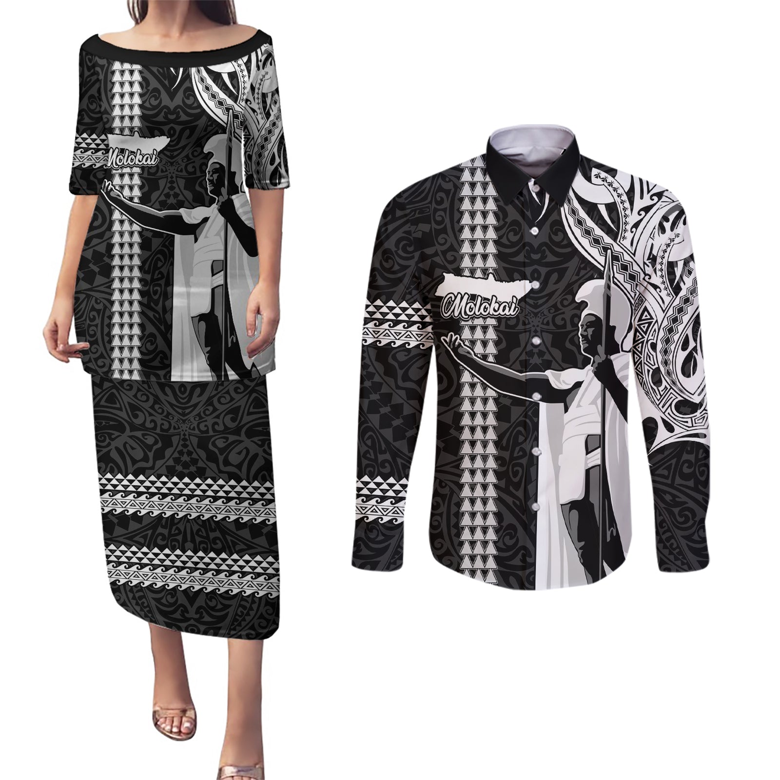 Custom Hawaii Molokai Island Couples Matching Puletasi Dress and Long Sleeve Button Shirts Hawaiian King and Kakau Symbols Abstract Shoulder Tattoo LT03 Black - Polynesian Pride