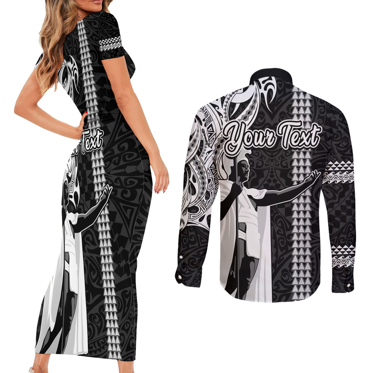 Custom Hawaii Molokai Island Couples Matching Short Sleeve Bodycon Dress and Long Sleeve Button Shirts Hawaiian King and Kakau Symbols Abstract Shoulder Tattoo LT03 - Polynesian Pride