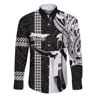 Custom Hawaii Molokai Island Family Matching Off Shoulder Short Dress and Hawaiian Shirt Hawaiian King and Kakau Symbols Abstract Shoulder Tattoo LT03 Dad's Shirt - Long Sleeve Black - Polynesian Pride