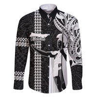 Custom Hawaii Molokai Island Family Matching Short Sleeve Bodycon Dress and Hawaiian Shirt Hawaiian King and Kakau Symbols Abstract Shoulder Tattoo LT03 Dad's Shirt - Long Sleeve Black - Polynesian Pride