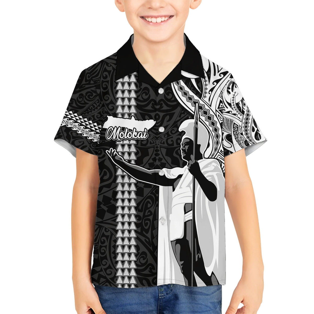 Custom Hawaii Molokai Island Family Matching Summer Maxi Dress and Hawaiian Shirt Hawaiian King and Kakau Symbols Abstract Shoulder Tattoo LT03 Son's Shirt Black - Polynesian Pride