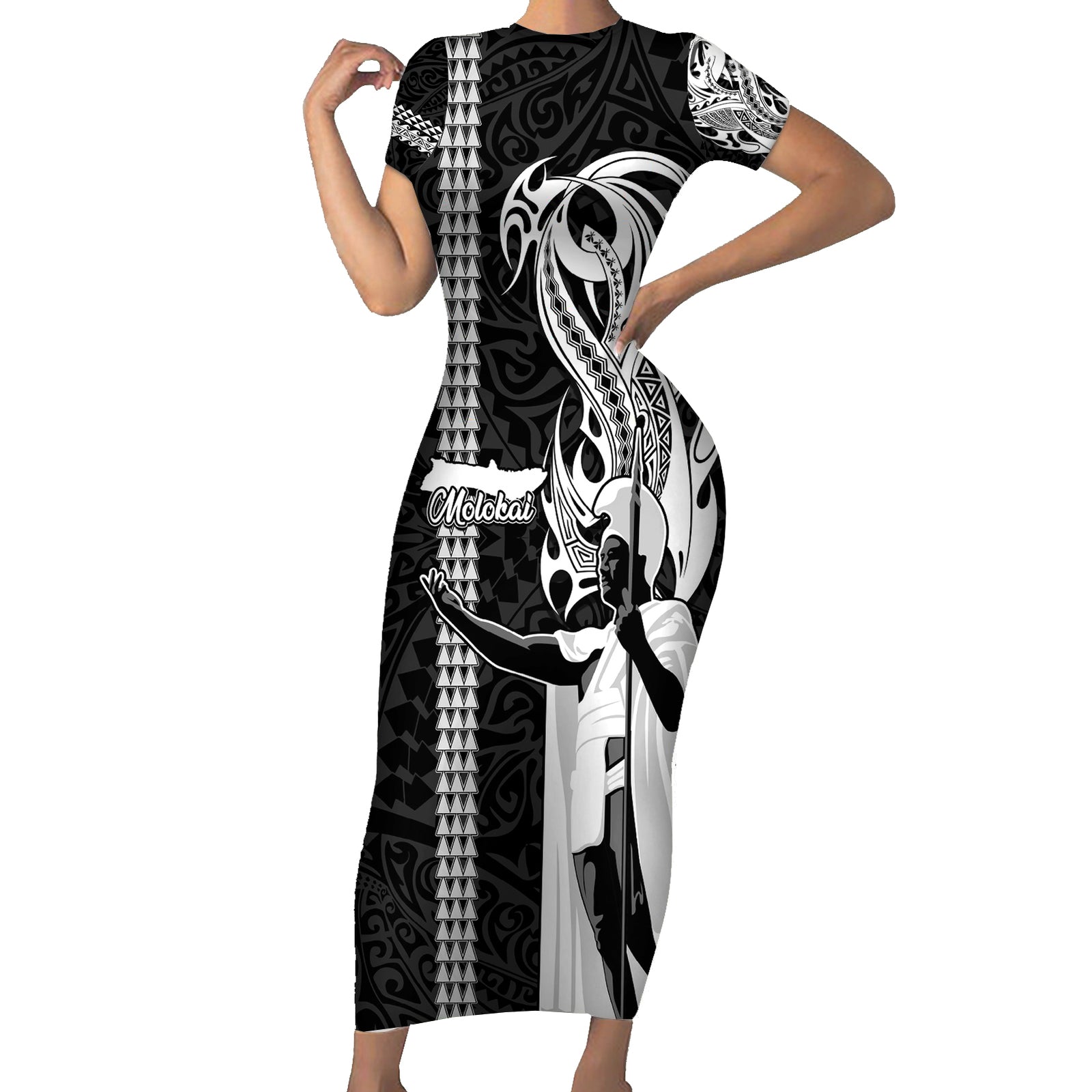 Custom Hawaii Molokai Island Short Sleeve Bodycon Dress Hawaiian King and Kakau Symbols Abstract Shoulder Tattoo LT03 Long Dress Black - Polynesian Pride