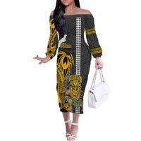 Hawaii Niihau Island Family Matching Off Shoulder Long Sleeve Dress and Hawaiian Shirt Hawaiian Warrior and Kakau Symbols Abstract Tattoo LT03 Mom's Dress Yellow - Polynesian Pride