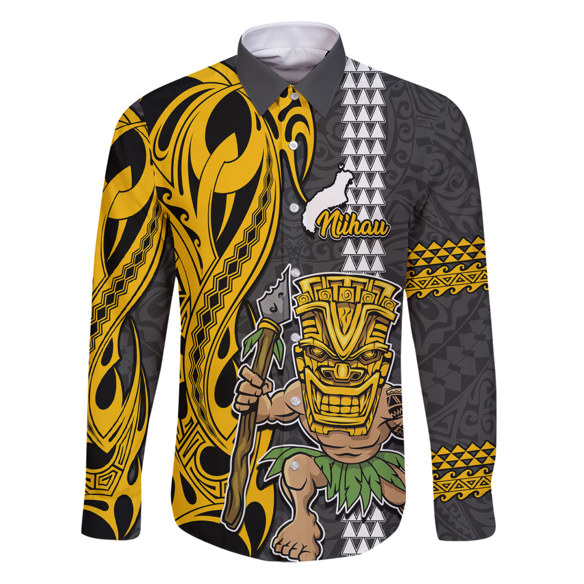 Hawaii Niihau Island Family Matching Puletasi Dress and Hawaiian Shirt Hawaiian Warrior and Kakau Symbols Abstract Tattoo LT03 Dad's Shirt - Long Sleeve Yellow - Polynesian Pride