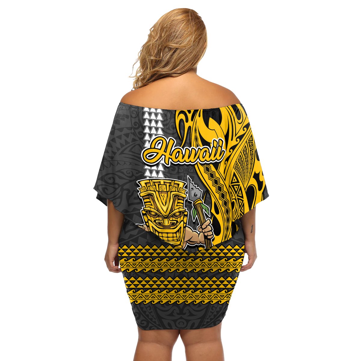 Hawaii Niihau Island Off Shoulder Short Dress Hawaiian Warrior and Kakau Symbols Abstract Tattoo LT03 - Polynesian Pride