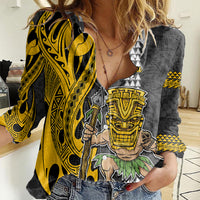 Custom Hawaii Niihau Island Women Casual Shirt Hawaiian Warrior and Kakau Symbols Abstract Tattoo LT03 Female Yellow - Polynesian Pride