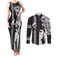 Hawaii Niihau Island Couples Matching Tank Maxi Dress and Long Sleeve Button Shirts Hawaiian King and Kakau Symbols Abstract Shoulder Tattoo LT03 Black - Polynesian Pride
