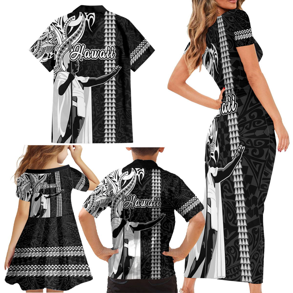 Hawaii Niihau Island Family Matching Short Sleeve Bodycon Dress and Hawaiian Shirt Hawaiian King and Kakau Symbols Abstract Shoulder Tattoo LT03 - Polynesian Pride