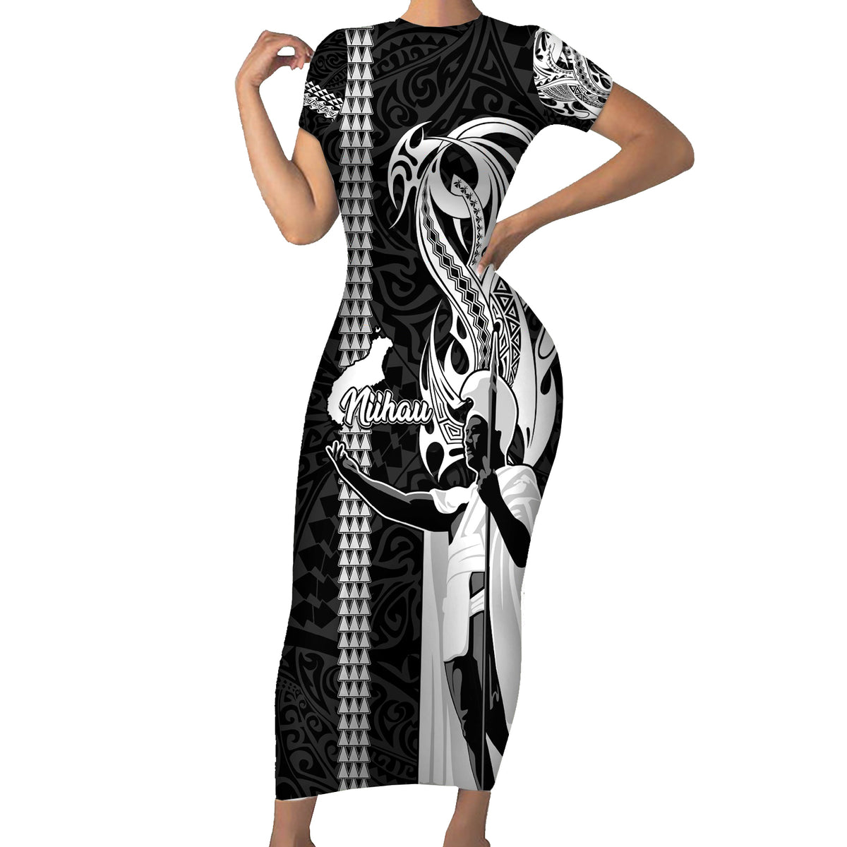 Hawaii Niihau Island Family Matching Short Sleeve Bodycon Dress and Hawaiian Shirt Hawaiian King and Kakau Symbols Abstract Shoulder Tattoo LT03 Mom's Dress Black - Polynesian Pride