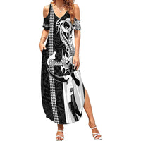 Hawaii Niihau Island Family Matching Summer Maxi Dress and Hawaiian Shirt Hawaiian King and Kakau Symbols Abstract Shoulder Tattoo LT03 Mom's Dress Black - Polynesian Pride