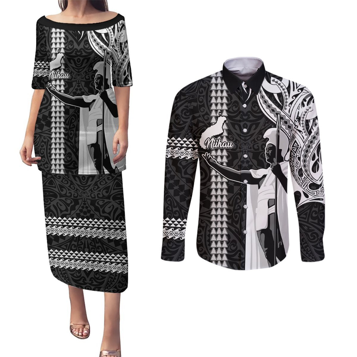 Custom Hawaii Niihau Island Couples Matching Puletasi Dress and Long Sleeve Button Shirts Hawaiian King and Kakau Symbols Abstract Shoulder Tattoo LT03 Black - Polynesian Pride