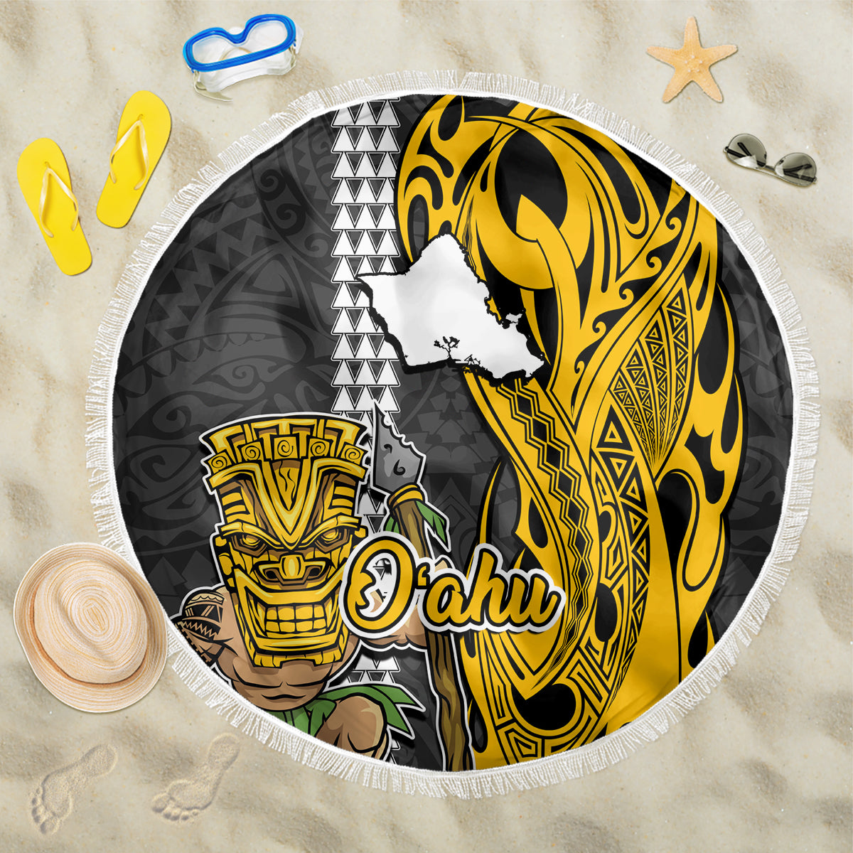 Hawaii Oahu Island Beach Blanket Hawaiian Warrior and Kakau Symbols Abstract Tattoo LT03 One Size 150cm Yellow - Wonder Print Shop