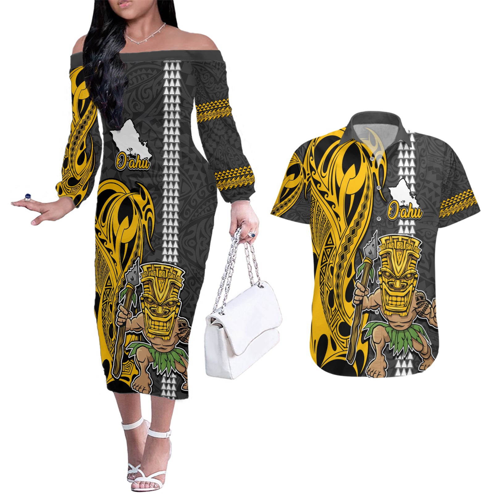 Hawaii Oahu Island Couples Matching Off The Shoulder Long Sleeve Dress and Hawaiian Shirt Hawaiian Warrior and Kakau Symbols Abstract Tattoo LT03 Yellow - Polynesian Pride
