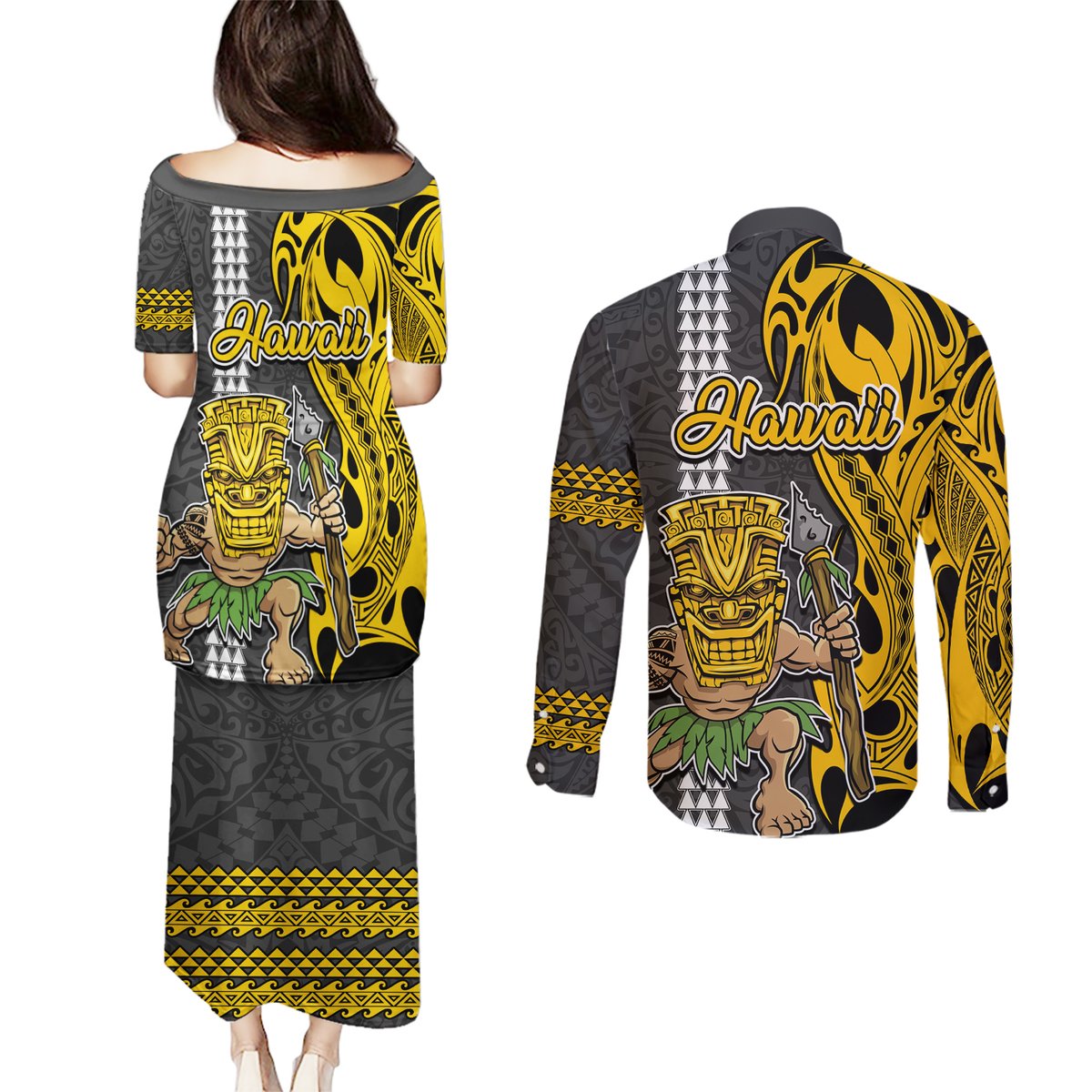 Hawaii Oahu Island Couples Matching Puletasi Dress and Long Sleeve Button Shirts Hawaiian Warrior and Kakau Symbols Abstract Tattoo LT03 - Polynesian Pride