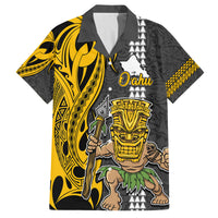 Hawaii Oahu Island Family Matching Off Shoulder Short Dress and Hawaiian Shirt Hawaiian Warrior and Kakau Symbols Abstract Tattoo LT03 Dad's Shirt - Short Sleeve Yellow - Polynesian Pride