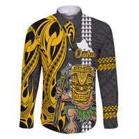 Hawaii Oahu Island Family Matching Puletasi Dress and Hawaiian Shirt Hawaiian Warrior and Kakau Symbols Abstract Tattoo LT03 Dad's Shirt - Long Sleeve Yellow - Polynesian Pride