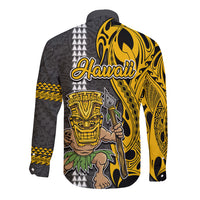 Hawaii Oahu Island Long Sleeve Button Shirt Hawaiian Warrior and Kakau Symbols Abstract Tattoo LT03 - Polynesian Pride