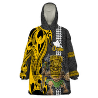 Hawaii Oahu Island Wearable Blanket Hoodie Hawaiian Warrior and Kakau Symbols Abstract Tattoo LT03 One Size Yellow - Polynesian Pride