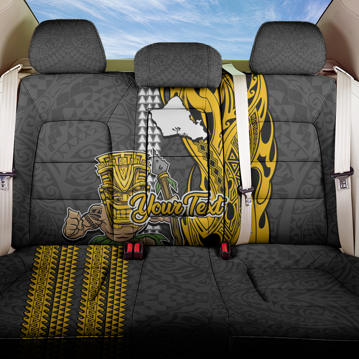 Custom Hawaii Oahu Island Back Car Seat Cover Hawaiian Warrior and Kakau Symbols Abstract Tattoo LT03 One Size Yellow - Polynesian Pride