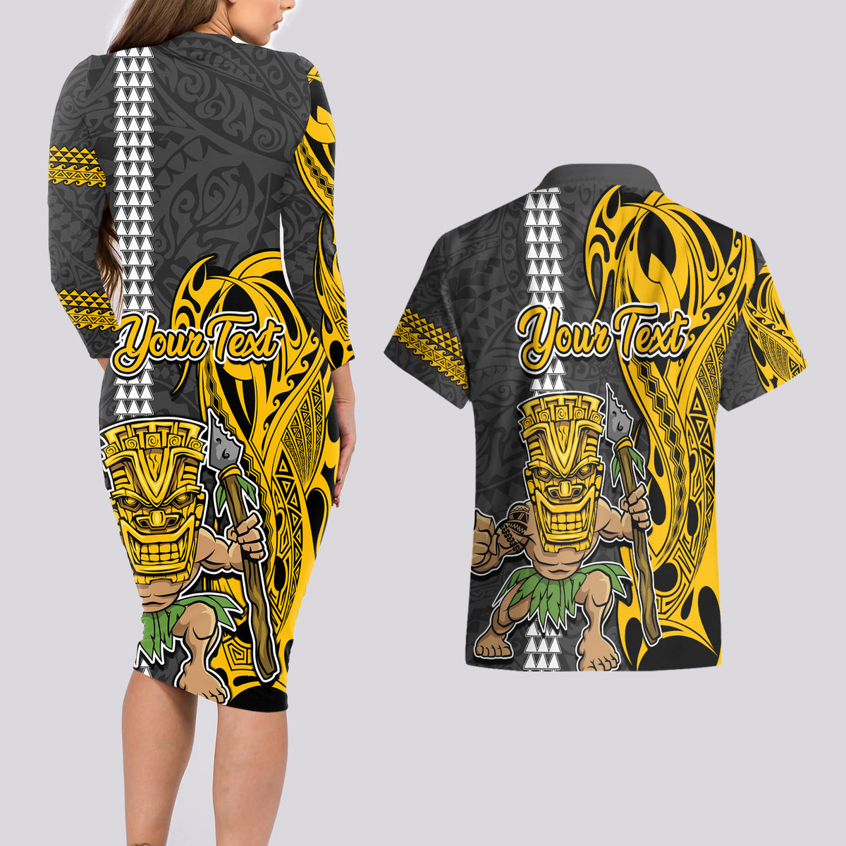 Custom Hawaii Oahu Island Couples Matching Long Sleeve Bodycon Dress and Hawaiian Shirt Hawaiian Warrior and Kakau Symbols Abstract Tattoo LT03 - Polynesian Pride
