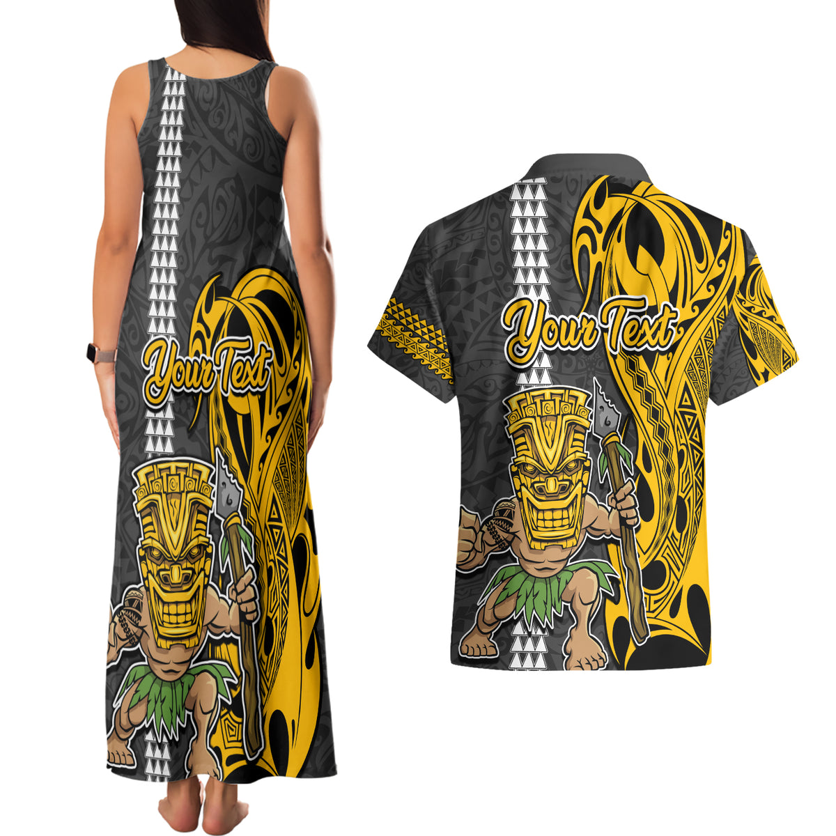 Custom Hawaii Oahu Island Couples Matching Tank Maxi Dress and Hawaiian Shirt Hawaiian Warrior and Kakau Symbols Abstract Tattoo LT03 - Polynesian Pride