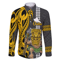 Custom Hawaii Oahu Island Family Matching Off Shoulder Maxi Dress and Hawaiian Shirt Hawaiian Warrior and Kakau Symbols Abstract Tattoo LT03 Dad's Shirt - Long Sleeve Yellow - Polynesian Pride
