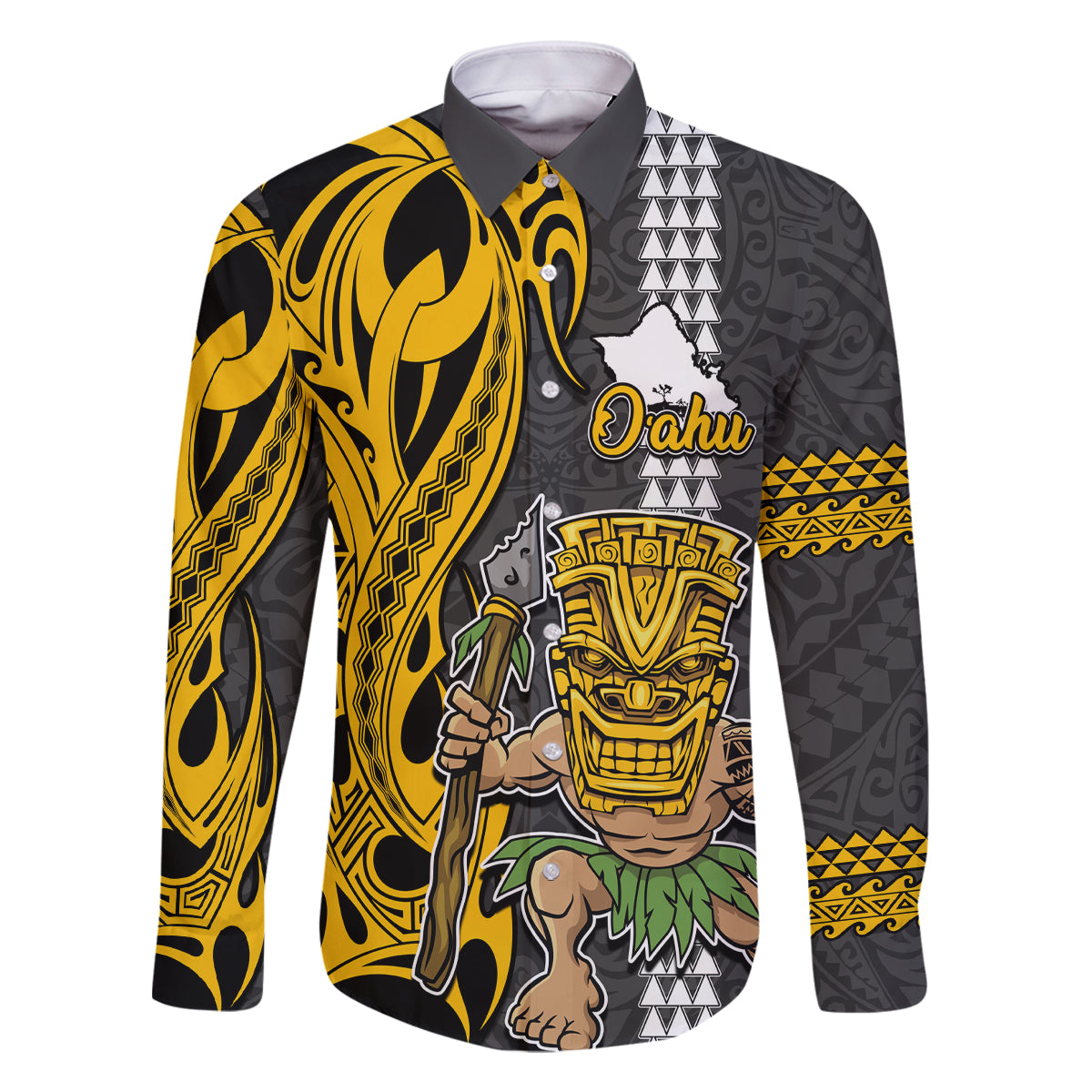 Custom Hawaii Oahu Island Family Matching Summer Maxi Dress and Hawaiian Shirt Hawaiian Warrior and Kakau Symbols Abstract Tattoo LT03 Dad's Shirt - Long Sleeve Yellow - Polynesian Pride