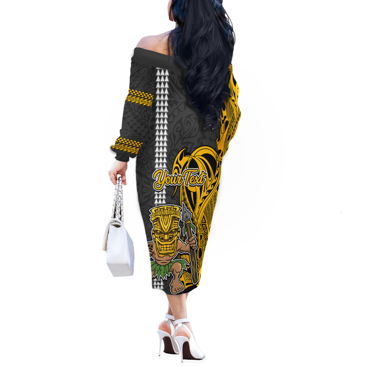 Custom Hawaii Oahu Island Off The Shoulder Long Sleeve Dress Hawaiian Warrior and Kakau Symbols Abstract Tattoo LT03 - Polynesian Pride