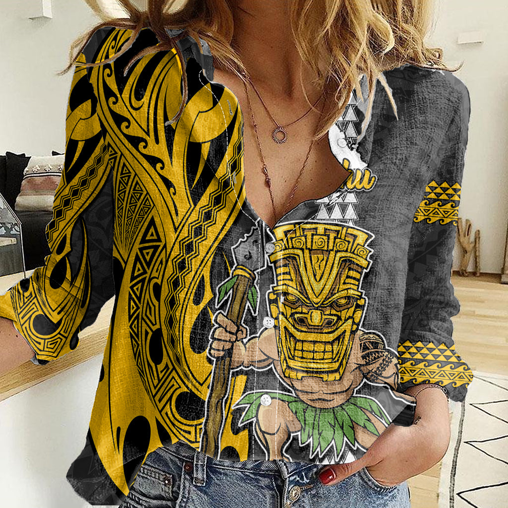 Custom Hawaii Oahu Island Women Casual Shirt Hawaiian Warrior and Kakau Symbols Abstract Tattoo LT03 Female Yellow - Polynesian Pride