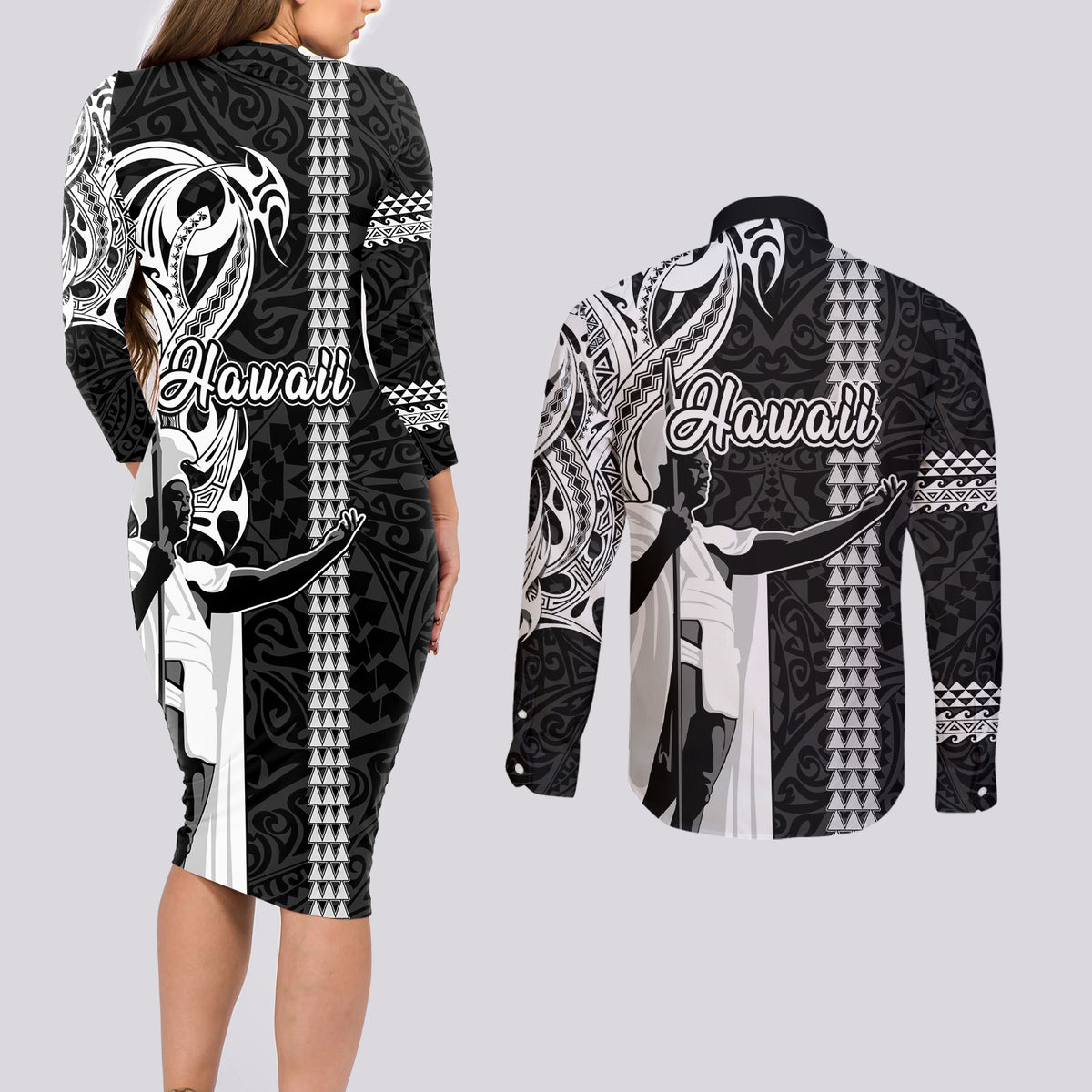 Hawaii Oahu Island Couples Matching Long Sleeve Bodycon Dress and Long Sleeve Button Shirts Hawaiian King and Kakau Symbols Abstract Shoulder Tattoo LT03 - Polynesian Pride