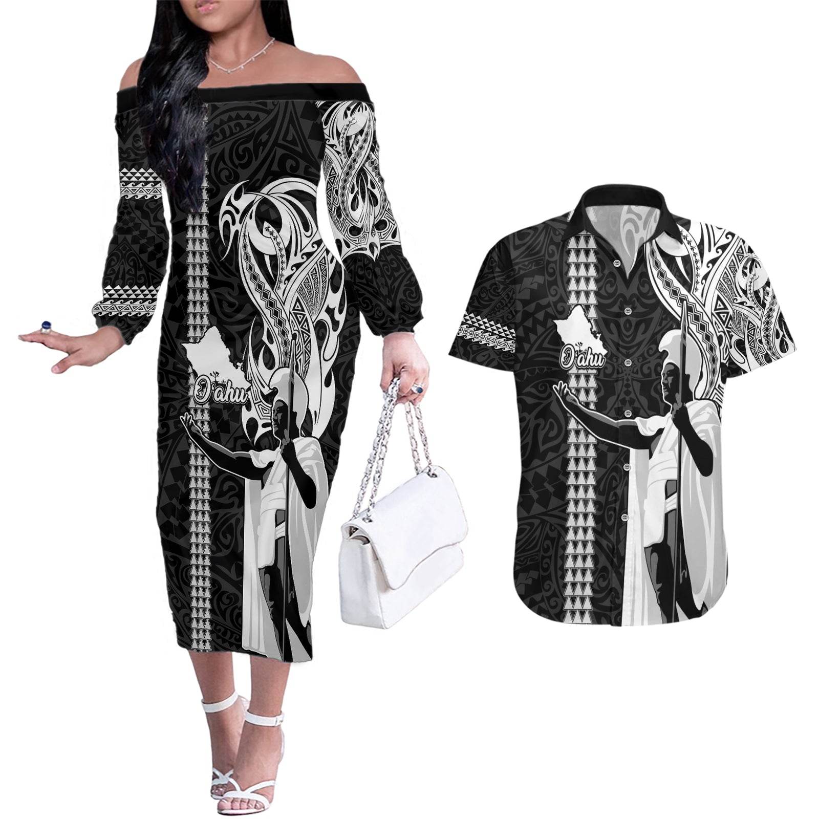 Hawaii Oahu Island Couples Matching Off The Shoulder Long Sleeve Dress and Hawaiian Shirt Hawaiian King and Kakau Symbols Abstract Shoulder Tattoo LT03 Black - Polynesian Pride
