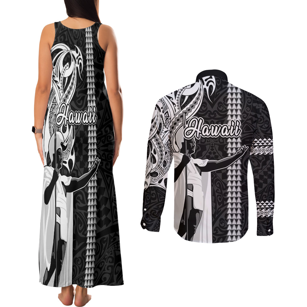 Hawaii Oahu Island Couples Matching Tank Maxi Dress and Long Sleeve Button Shirts Hawaiian King and Kakau Symbols Abstract Shoulder Tattoo LT03 - Polynesian Pride