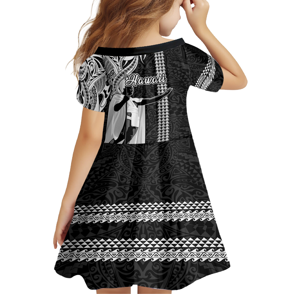 Hawaii Oahu Island Kid Short Sleeve Dress Hawaiian King and Kakau Symbols Abstract Shoulder Tattoo LT03 - Polynesian Pride