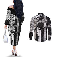 Custom Hawaii Oahu Island Couples Matching Off The Shoulder Long Sleeve Dress and Long Sleeve Button Shirts Hawaiian King and Kakau Symbols Abstract Shoulder Tattoo LT03 - Polynesian Pride
