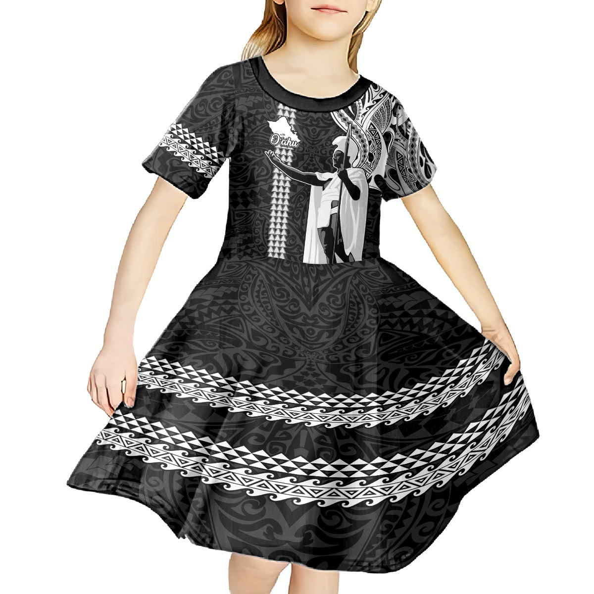 Custom Hawaii Oahu Island Kid Short Sleeve Dress Hawaiian King and Kakau Symbols Abstract Shoulder Tattoo LT03 - Polynesian Pride