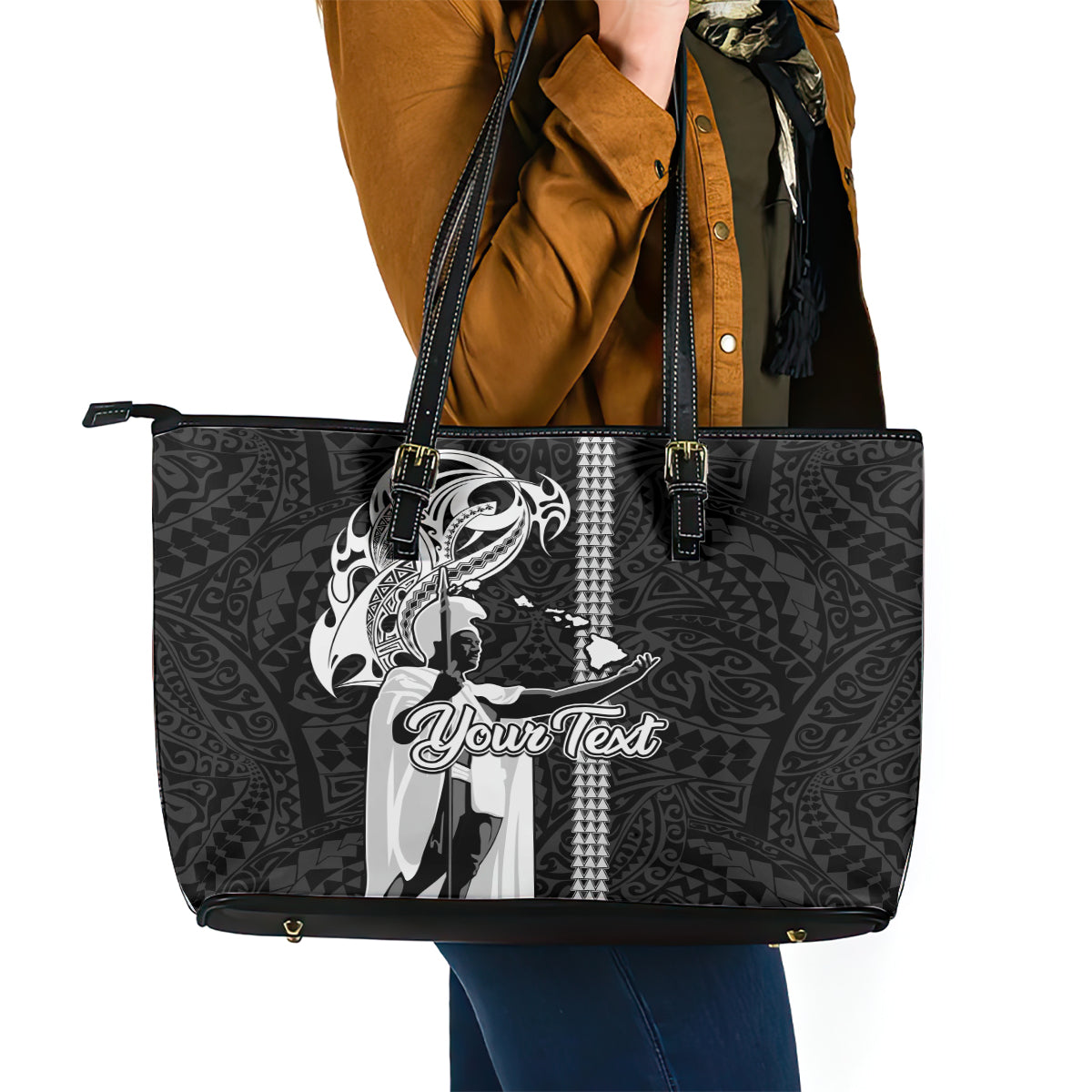 Custom Hawaii Oahu Island Leather Tote Bag Hawaiian King and Kakau Symbols Abstract Shoulder Tattoo LT03 - Polynesian Pride