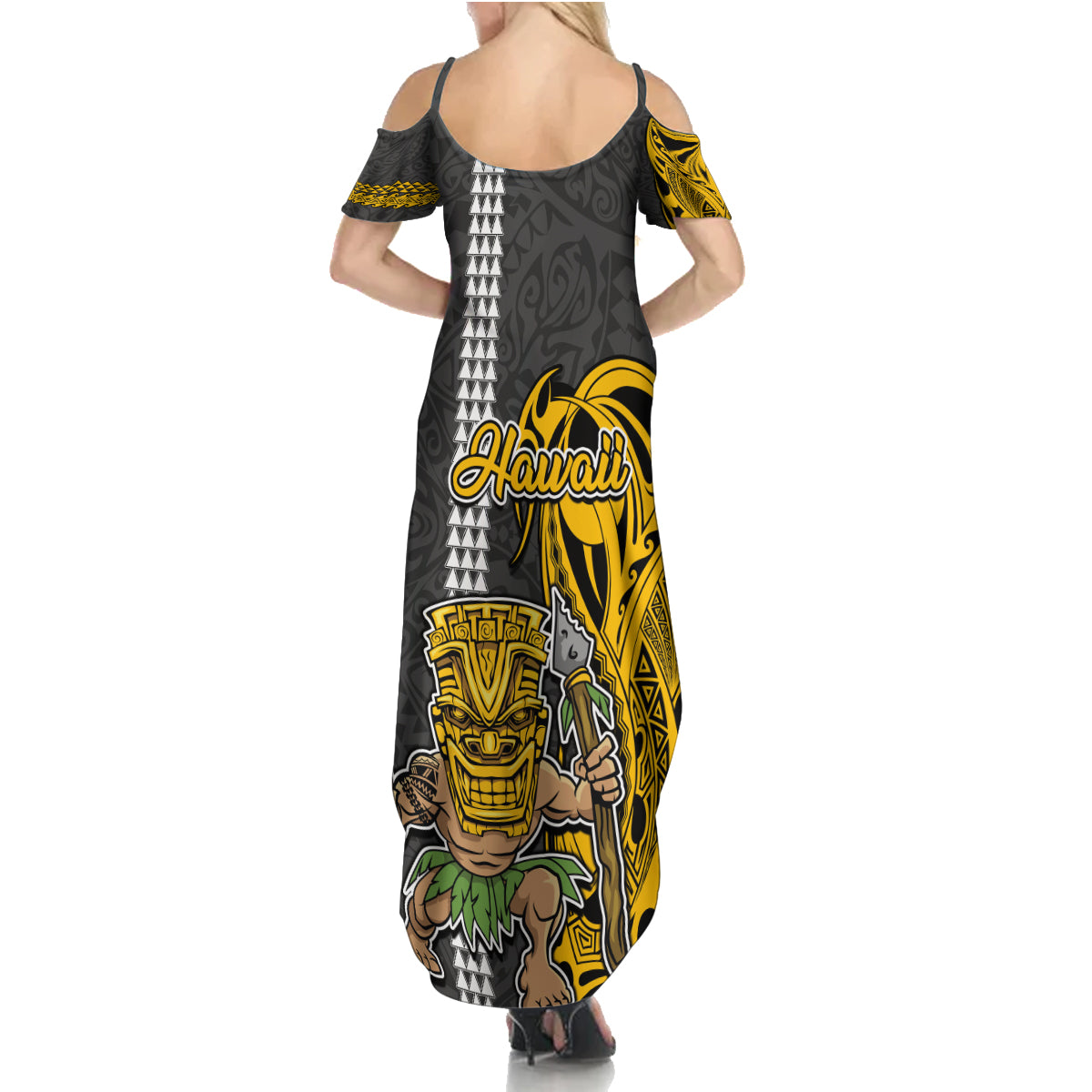 Hawaii Kahoolawe Island Family Matching Summer Maxi Dress and Hawaiian Shirt Hawaiian Warrior and Kakau Symbols Abstract Tattoo LT03 - Polynesian Pride