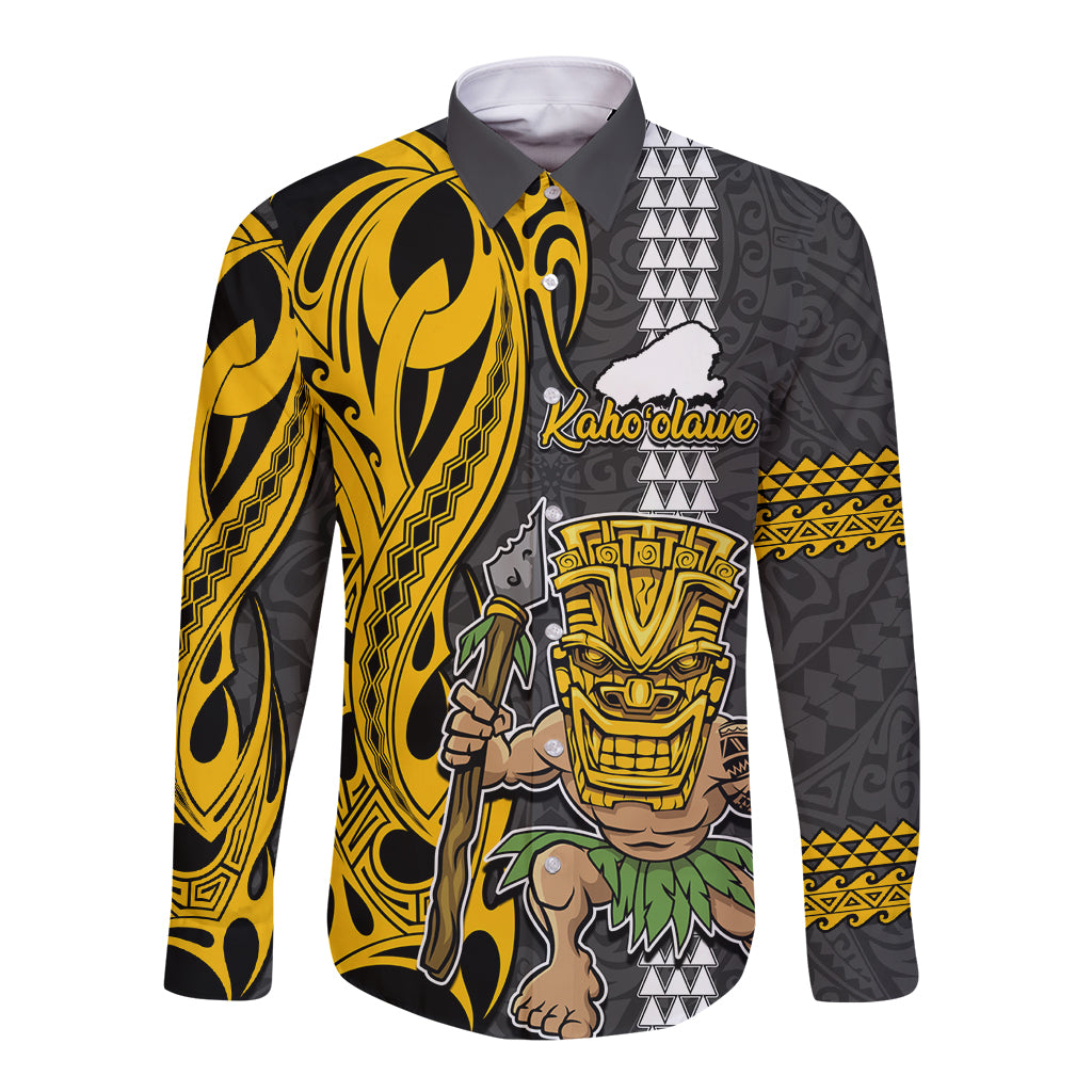 Hawaii Kahoolawe Island Long Sleeve Button Shirt Hawaiian Warrior and Kakau Symbols Abstract Tattoo LT03 Unisex Yellow - Polynesian Pride