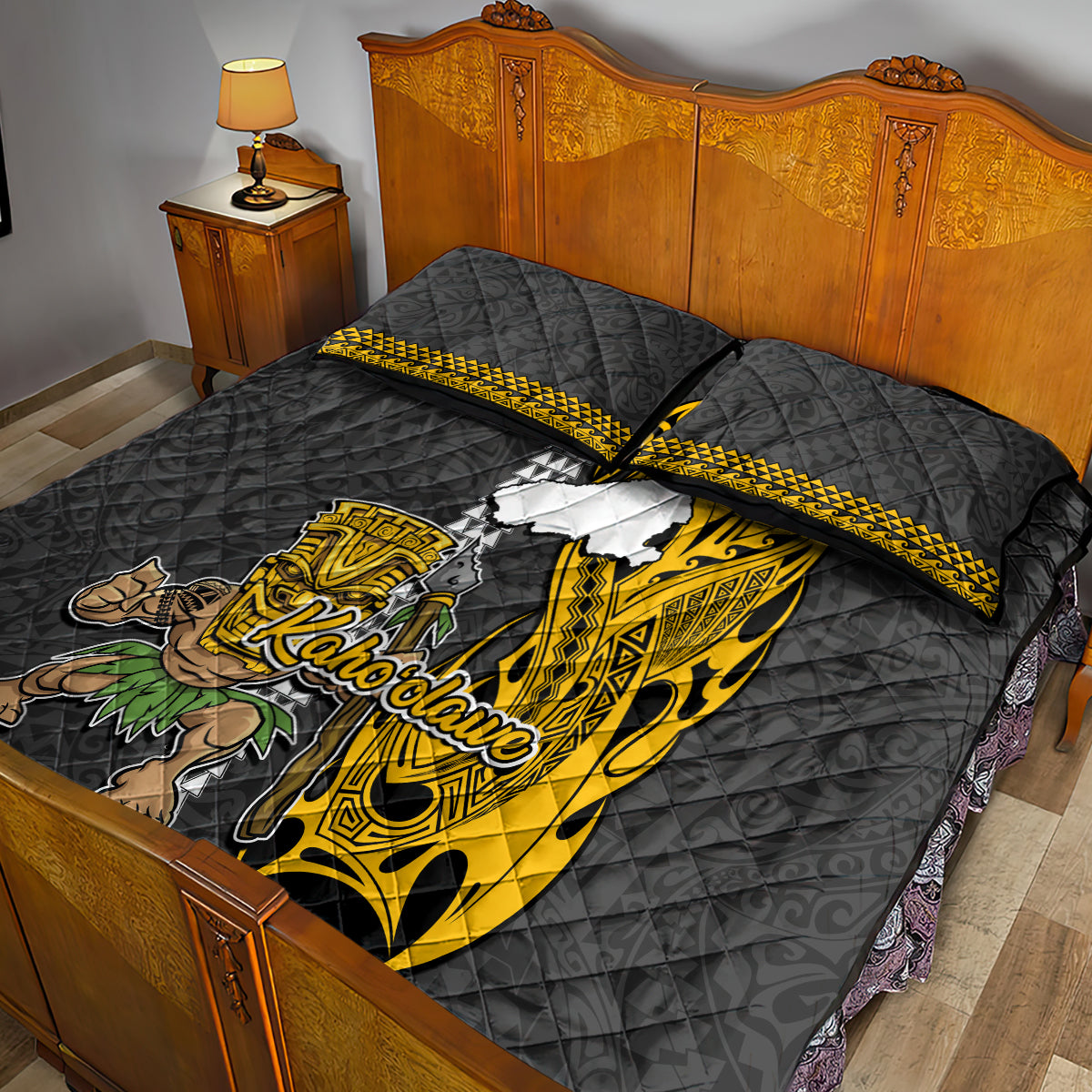 Hawaii Kahoolawe Island Quilt Bed Set Hawaiian Warrior and Kakau Symbols Abstract Tattoo LT03 - Polynesian Pride