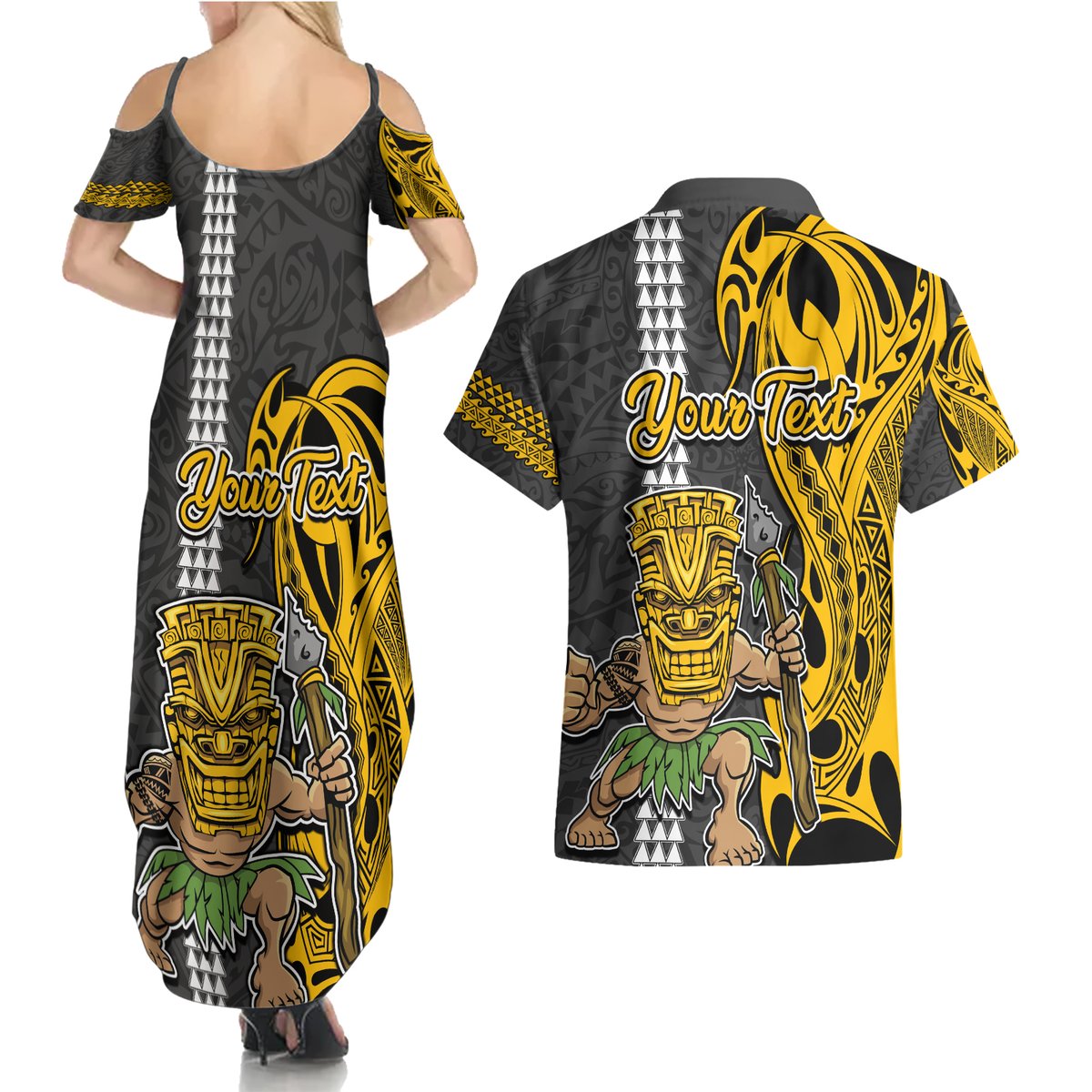 Custom Hawaii Kahoolawe Island Couples Matching Summer Maxi Dress and Hawaiian Shirt Hawaiian Warrior and Kakau Symbols Abstract Tattoo LT03 - Polynesian Pride
